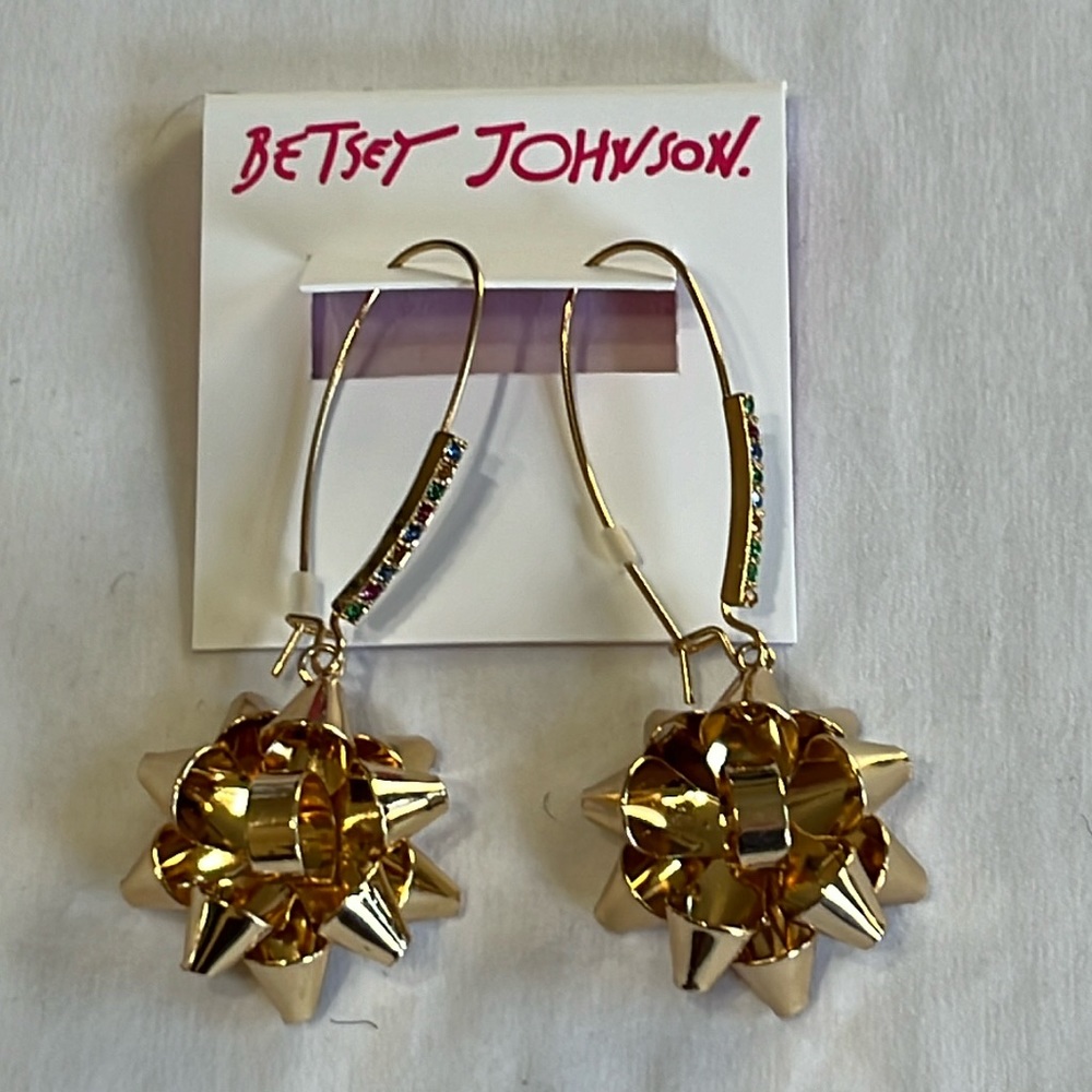 Betsey Johnson Shiny Bow Gold Earrings Dangles with Crystals NWT HOLIDAY
